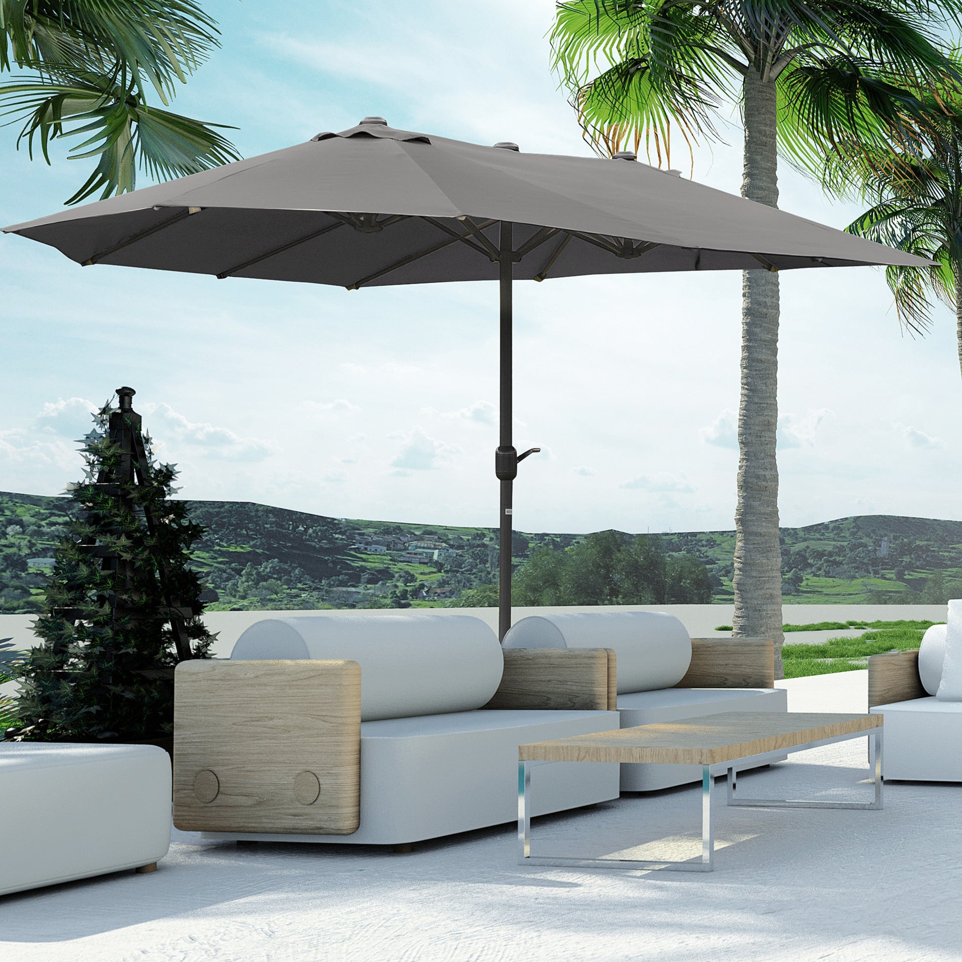 Large grey patio umbrella with canopy extended providing shade for outdoor seating area