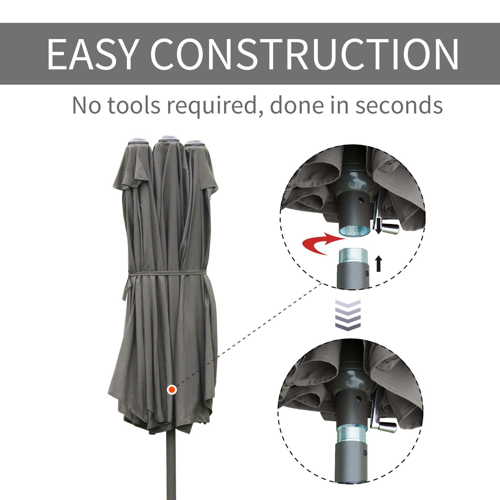 Grey patio umbrella pole assembly showcasing screwin connection for easy setup