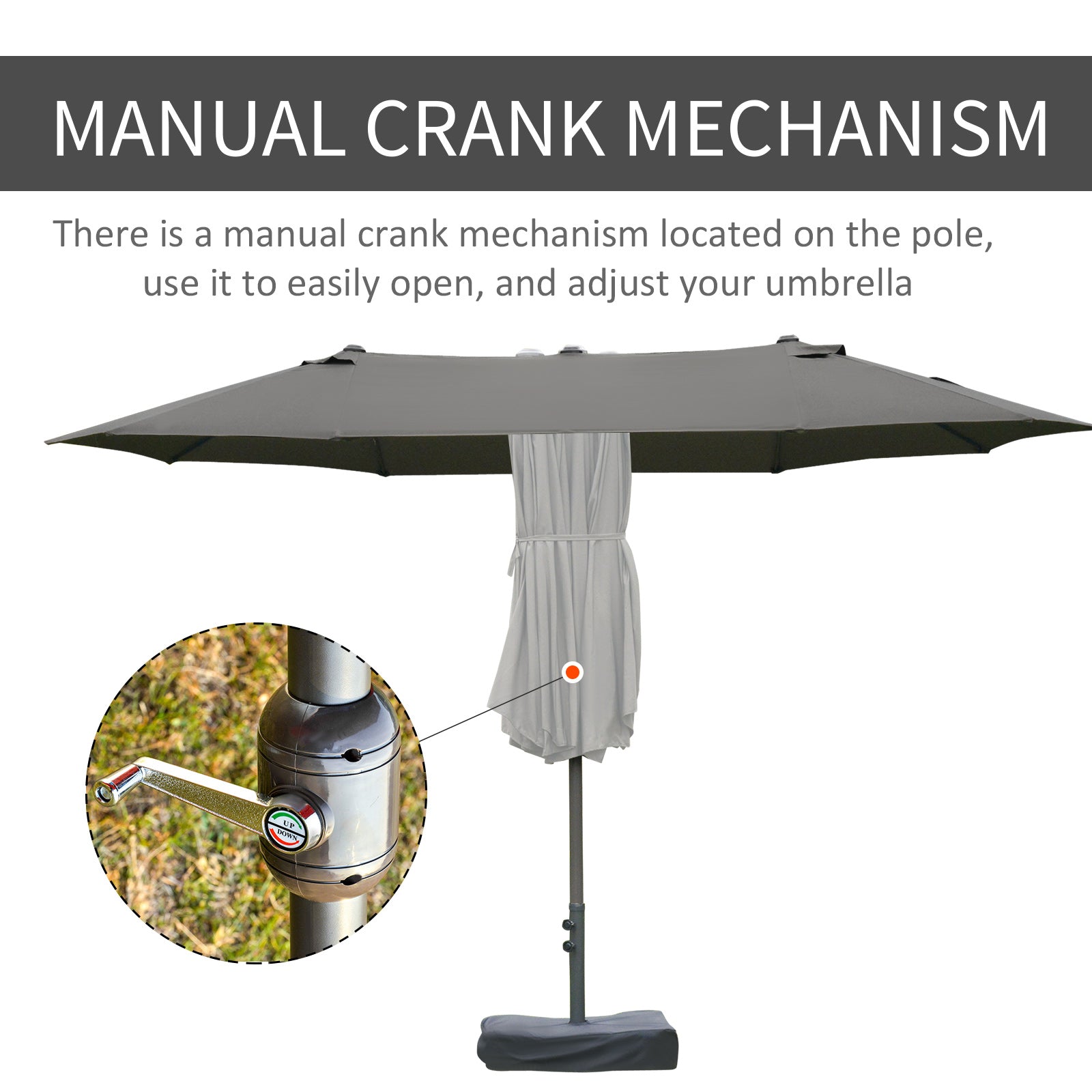 Closeup of a dark gray outdoor patio umbrella with a manual crank mechanism for easy opening and adjustment