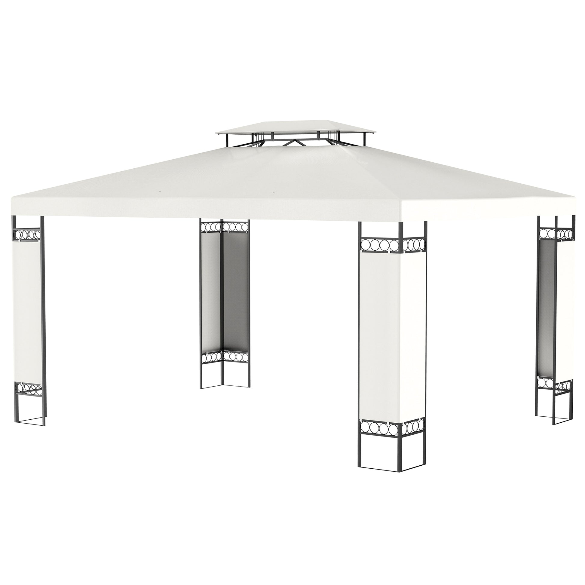 White outdoor gazebo with metal frame and decorative scrollwork on legs