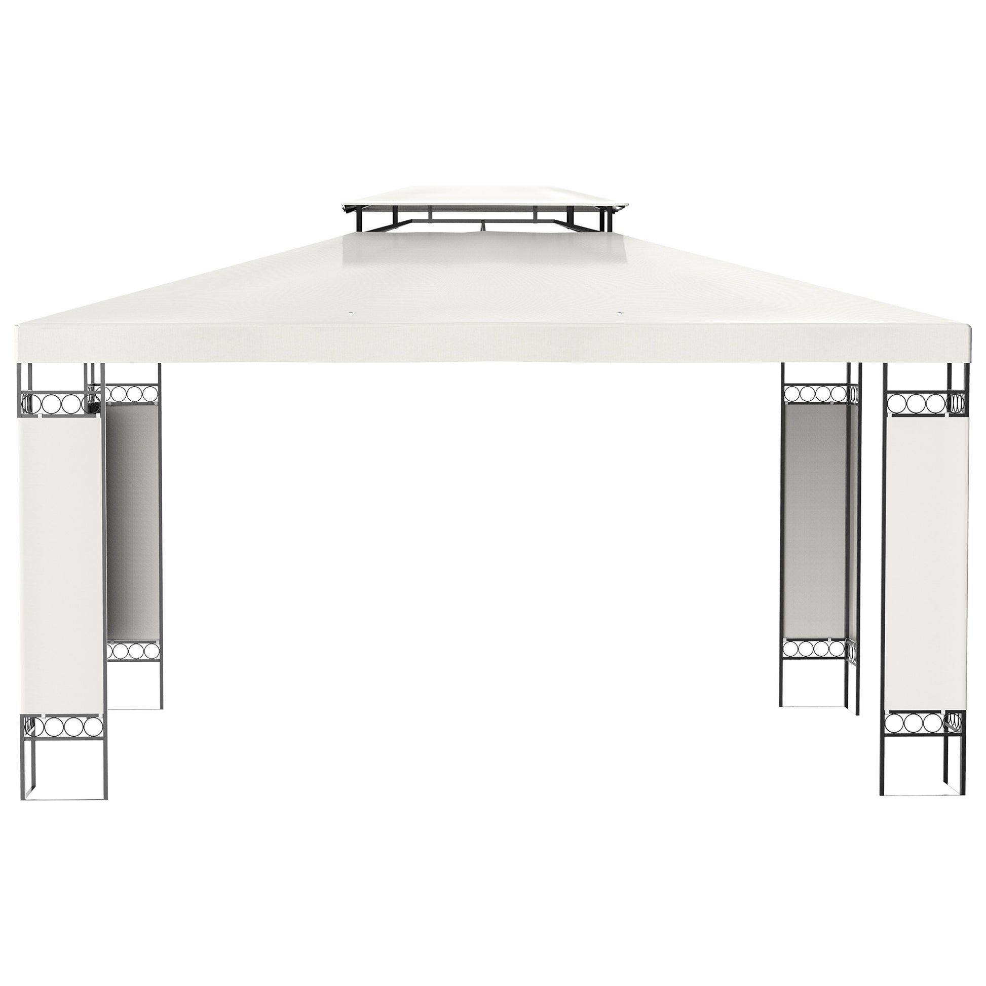 White outdoor gazebo with decorative scrolled metal legs and dualtier roof for garden events