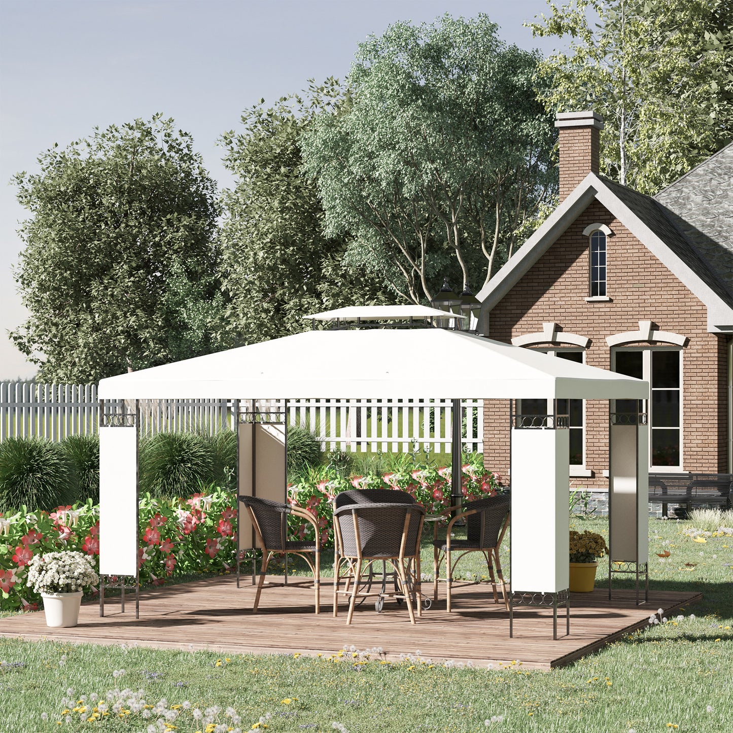 White outdoor gazebo with a metal frame featuring a wicker dining set on a wooden deck