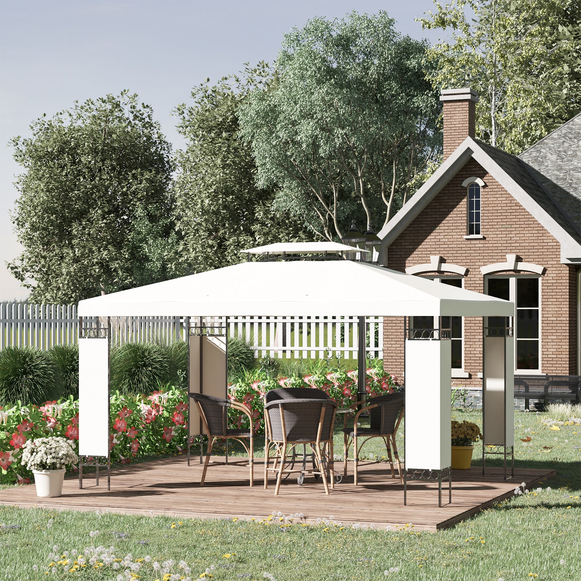 White outdoor gazebo with a metal frame featuring a wicker dining set on a wooden deck