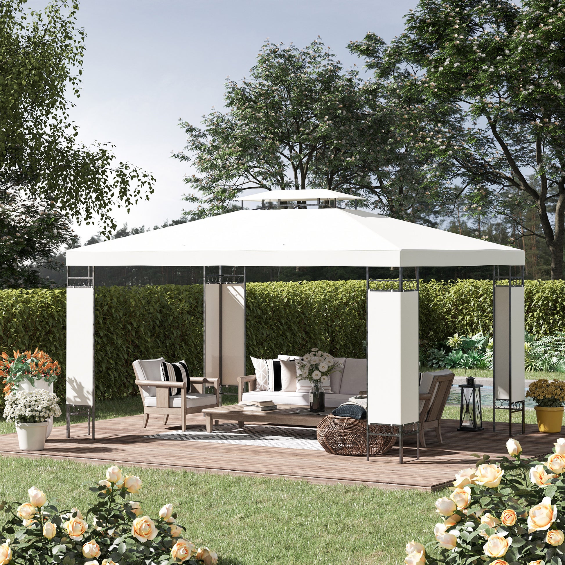 White octagonal patio gazebo with dark metal frame and beige side panels furnishing outdoor relaxation space
