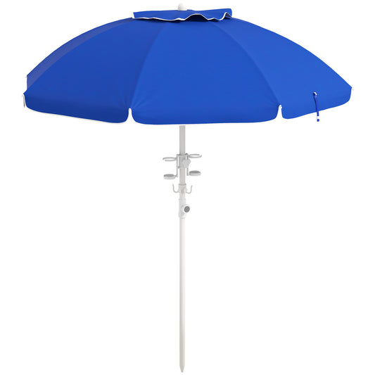 Bright blue beach umbrella with white trim and attached cup holders on pole