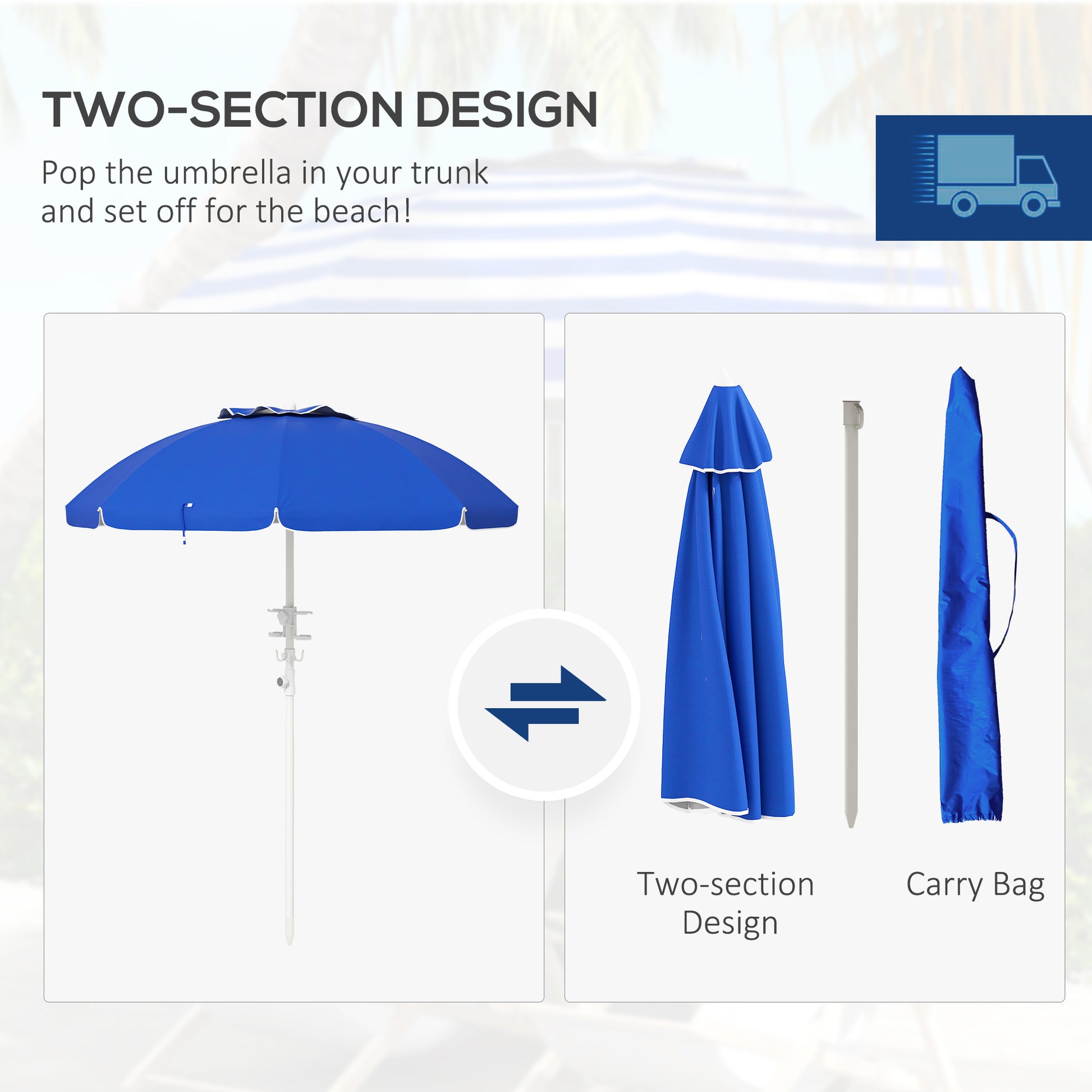 Blue beach umbrella shown open with white pole and integrated hooks
