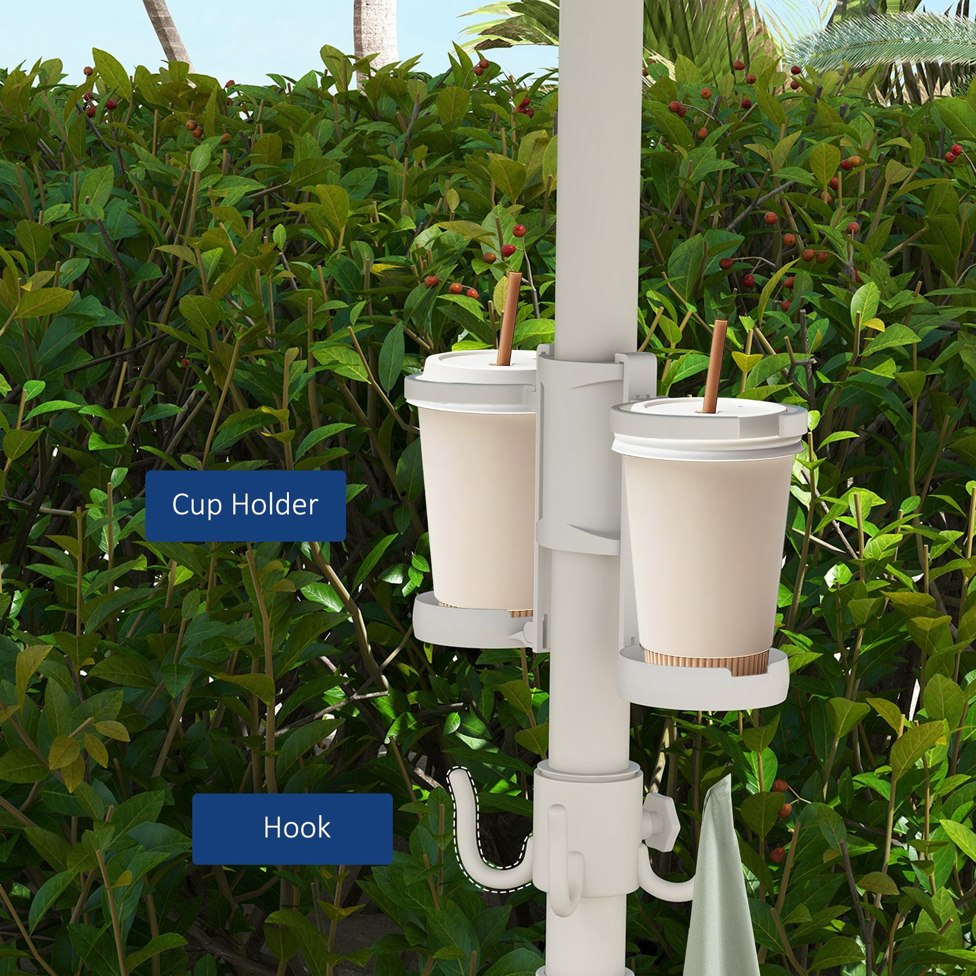 White umbrella cup holder with two beige cups and straws attached to a pole