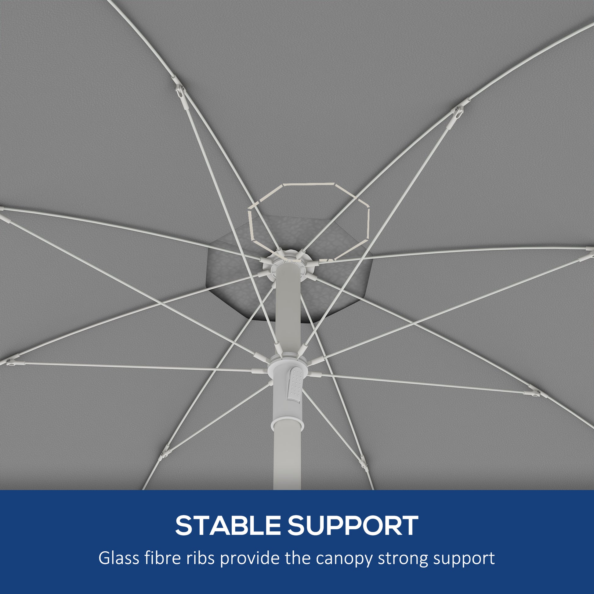 Underside of a grey patio umbrella featuring white glass fiber ribs for stable support