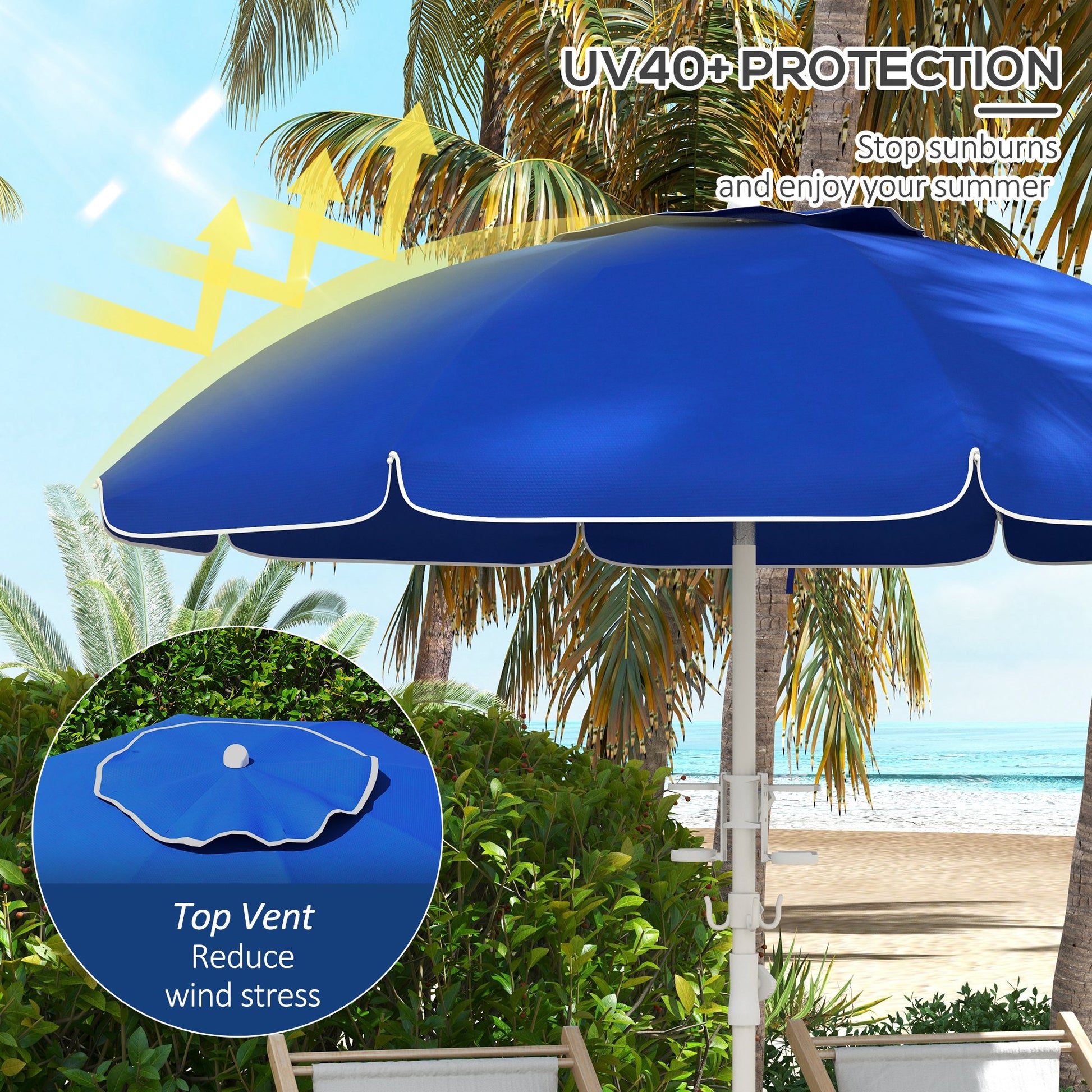 Navy blue beach umbrella with white trim and UV protection ideal for sunny days