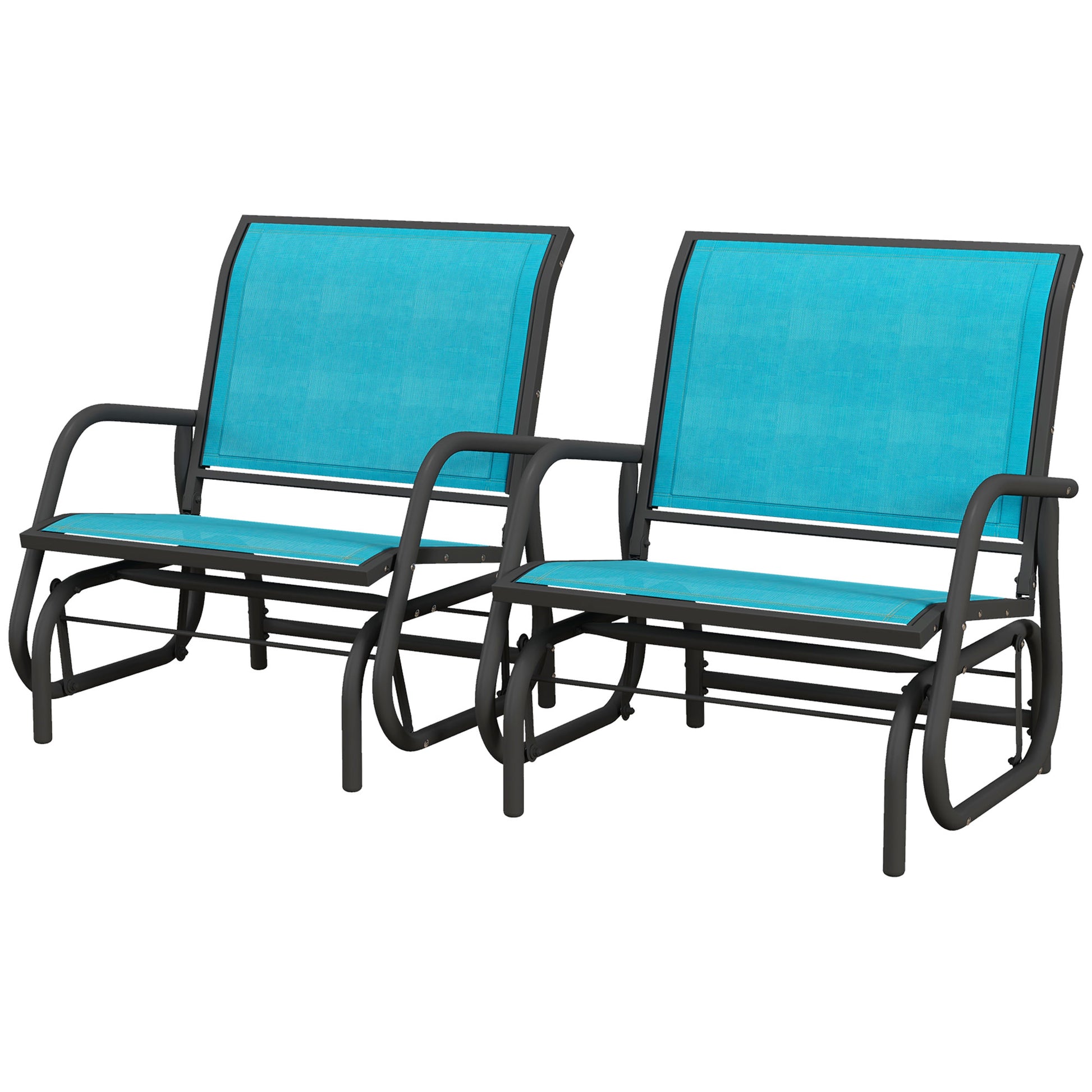 Two teal mesh outdoor glider chairs with black metal frames perfect for a patio