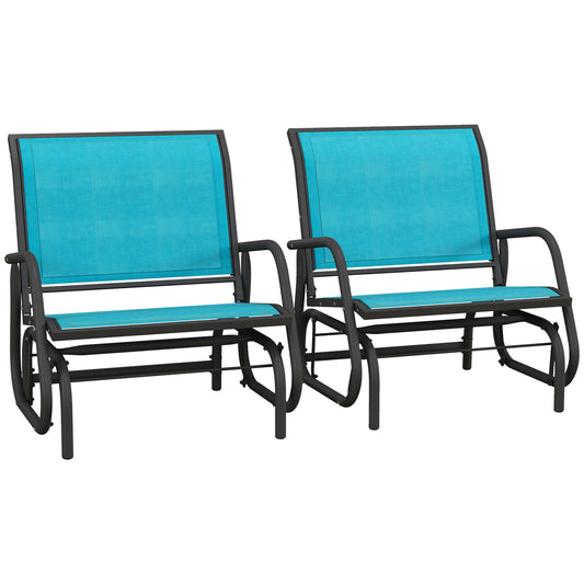 Two blue fabric rocking patio chairs with black metal frames perfect for outdoor seating