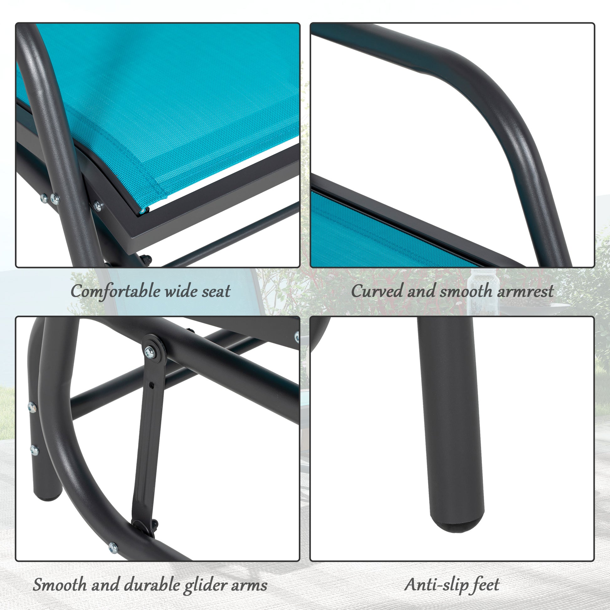 Closeup of teal fabric on a grey metal patio glider seat