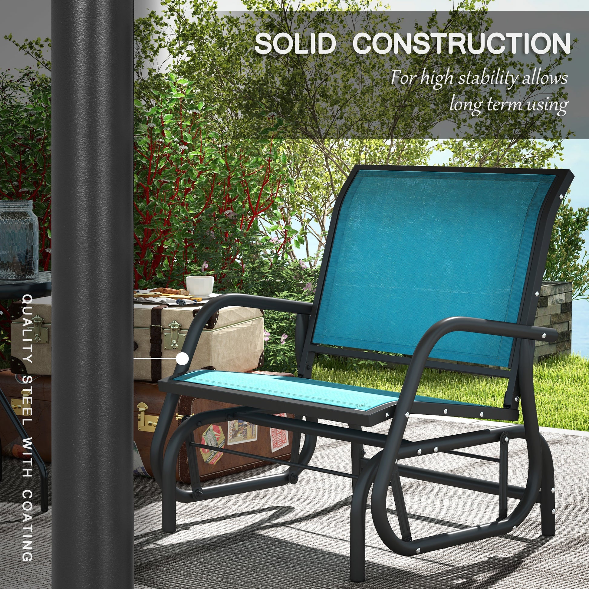 Black metal glider chair with turquoise fabric seat and back