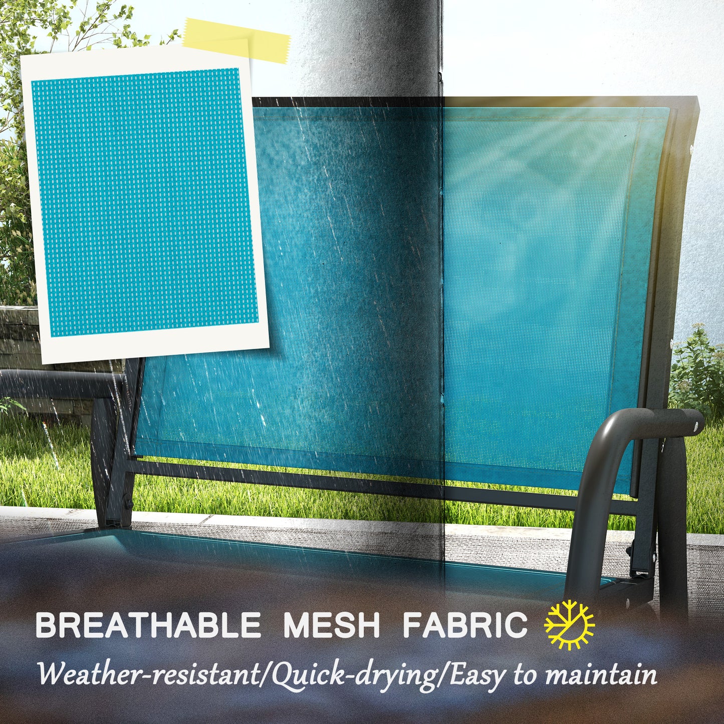 Closeup of teal breathable mesh fabric on a outdoor chair in the rain