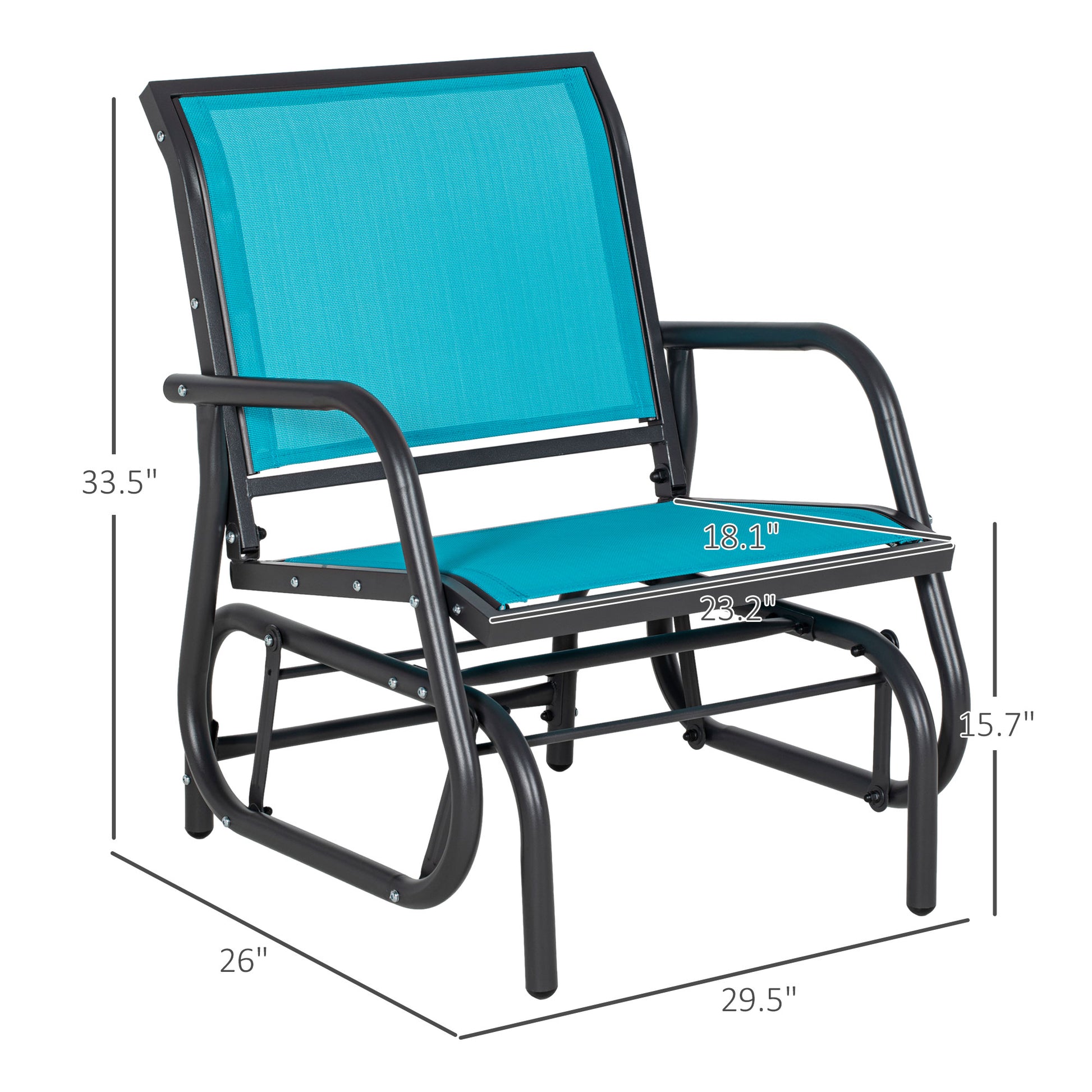 Turquoise fabric patio glider chair with black metal frame