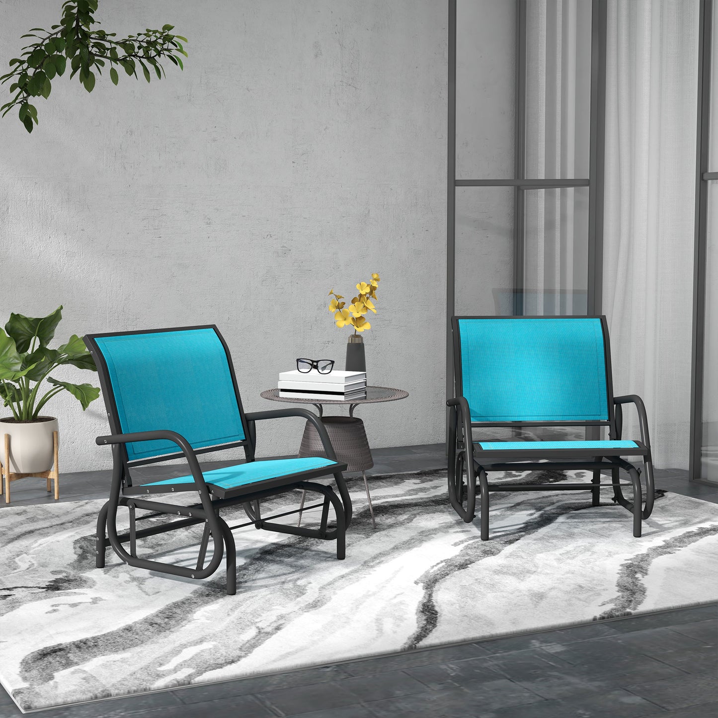 Two blue fabric patio gliders with black metal frames perfect for outdoor relaxation
