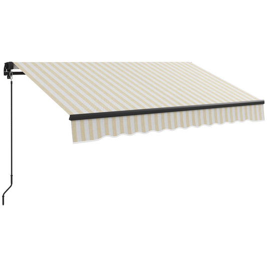 Retractable awning with beige and white stripes and scalloped edge