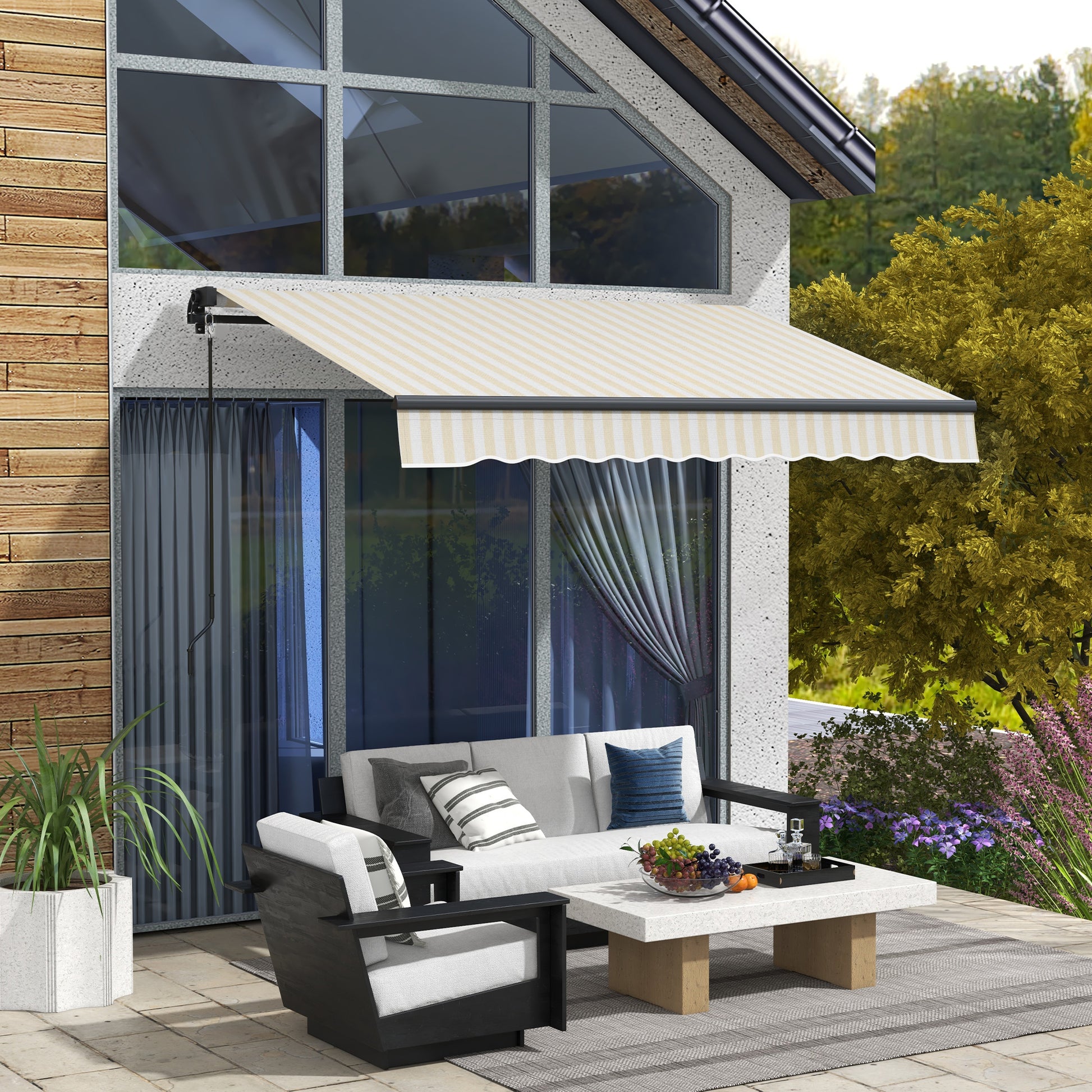Retractable patio awning with beige and white stripes offering sun protection