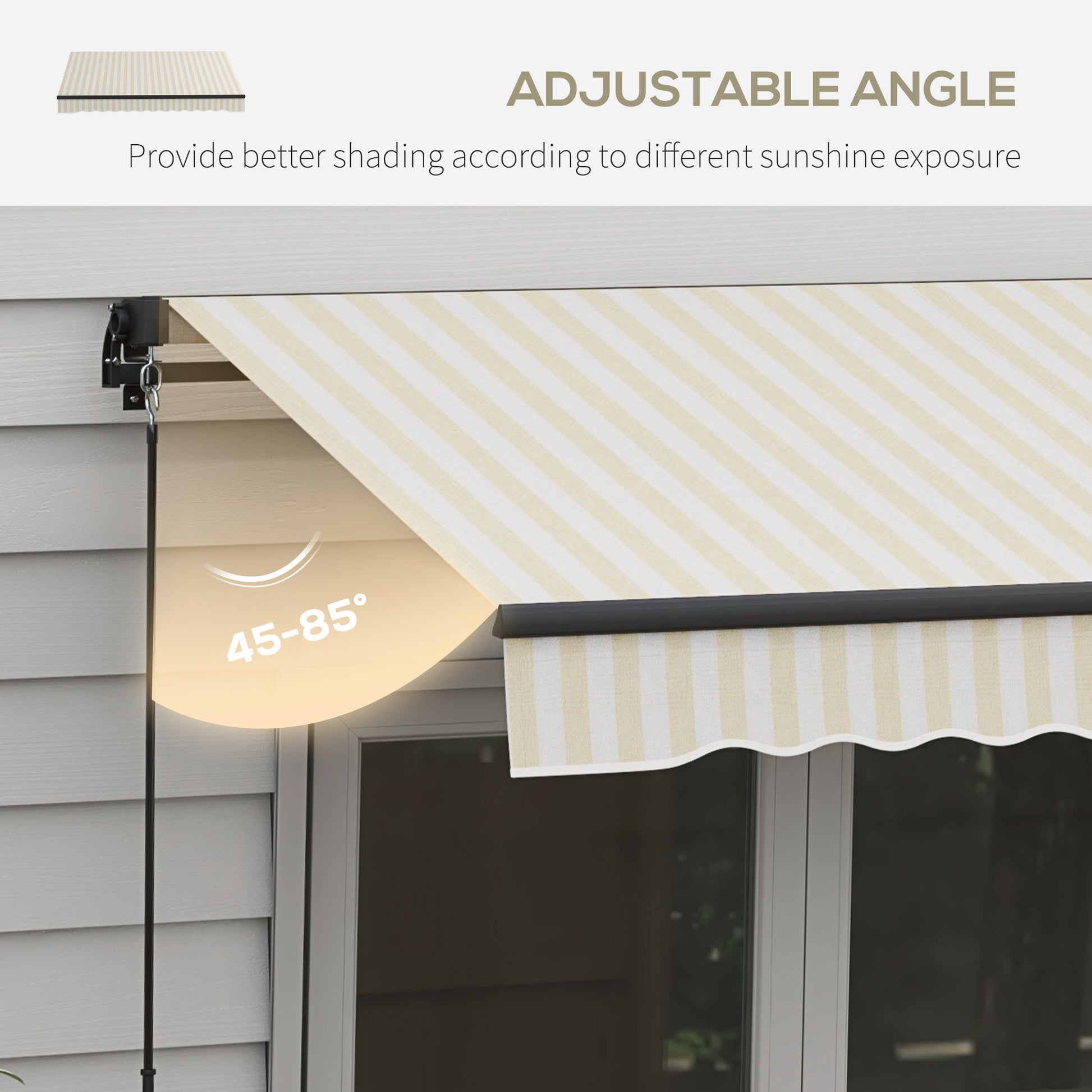 Striped beige and white retractable awning with adjustable angle from  degrees