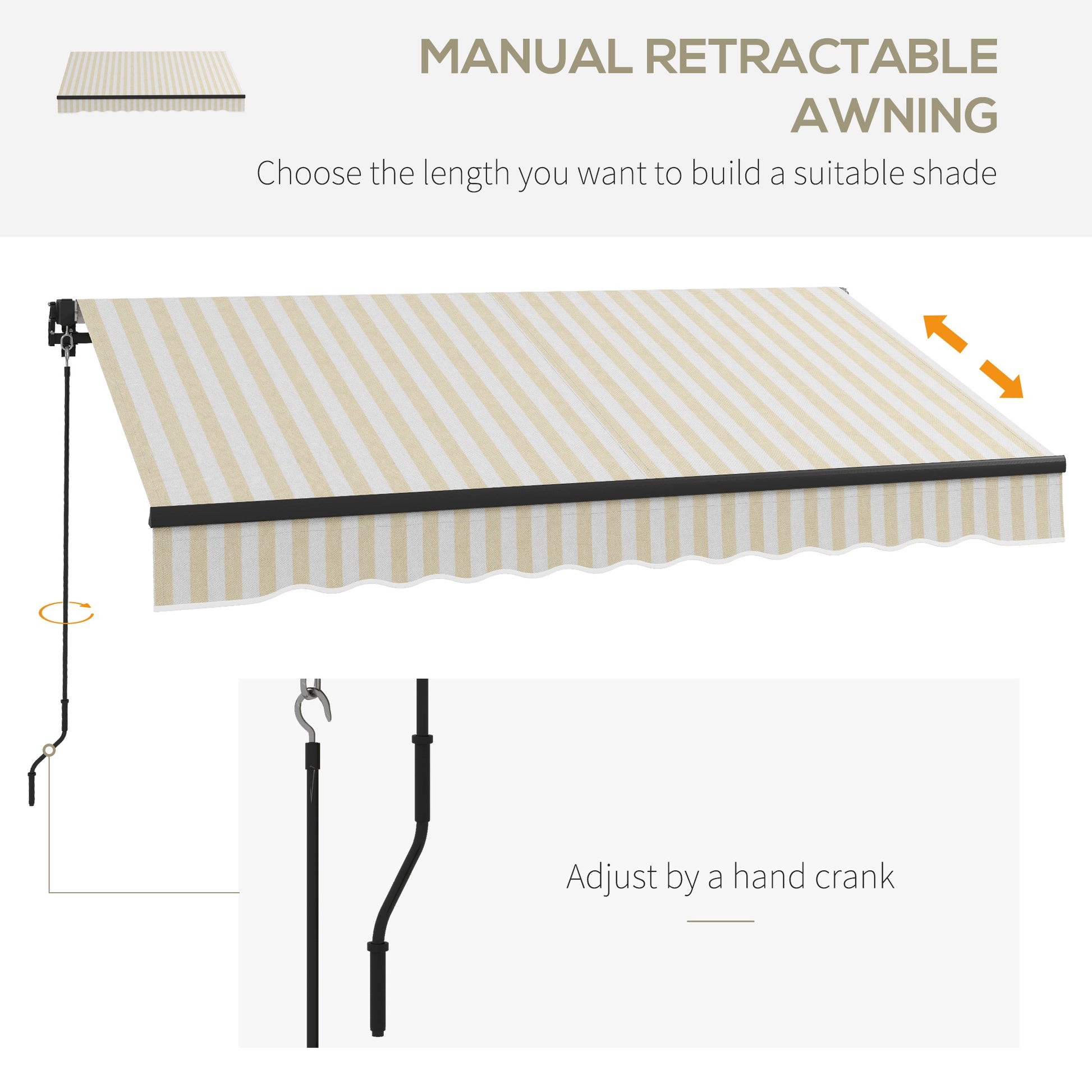 Cream and white striped manual retractable awning for patio shade