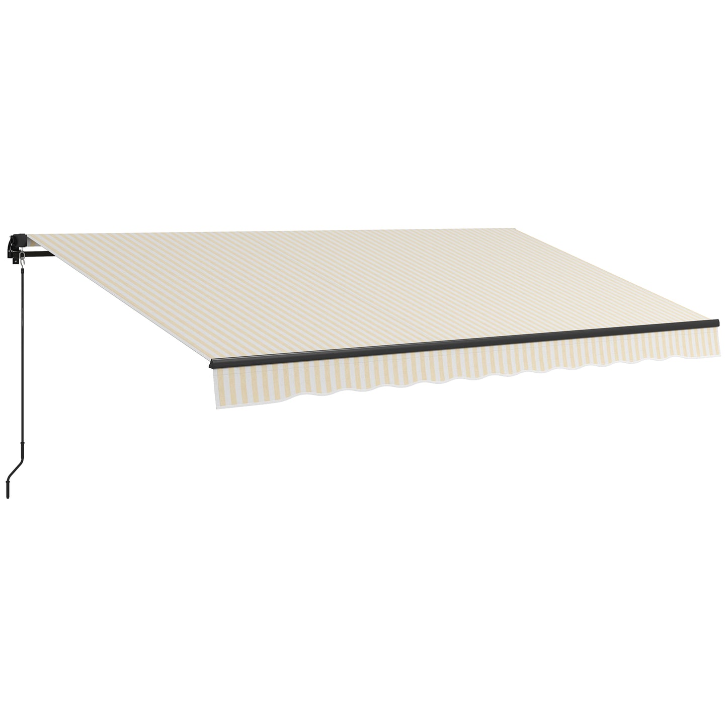 Retractable awning with beige and white stripes and a crank mechanism