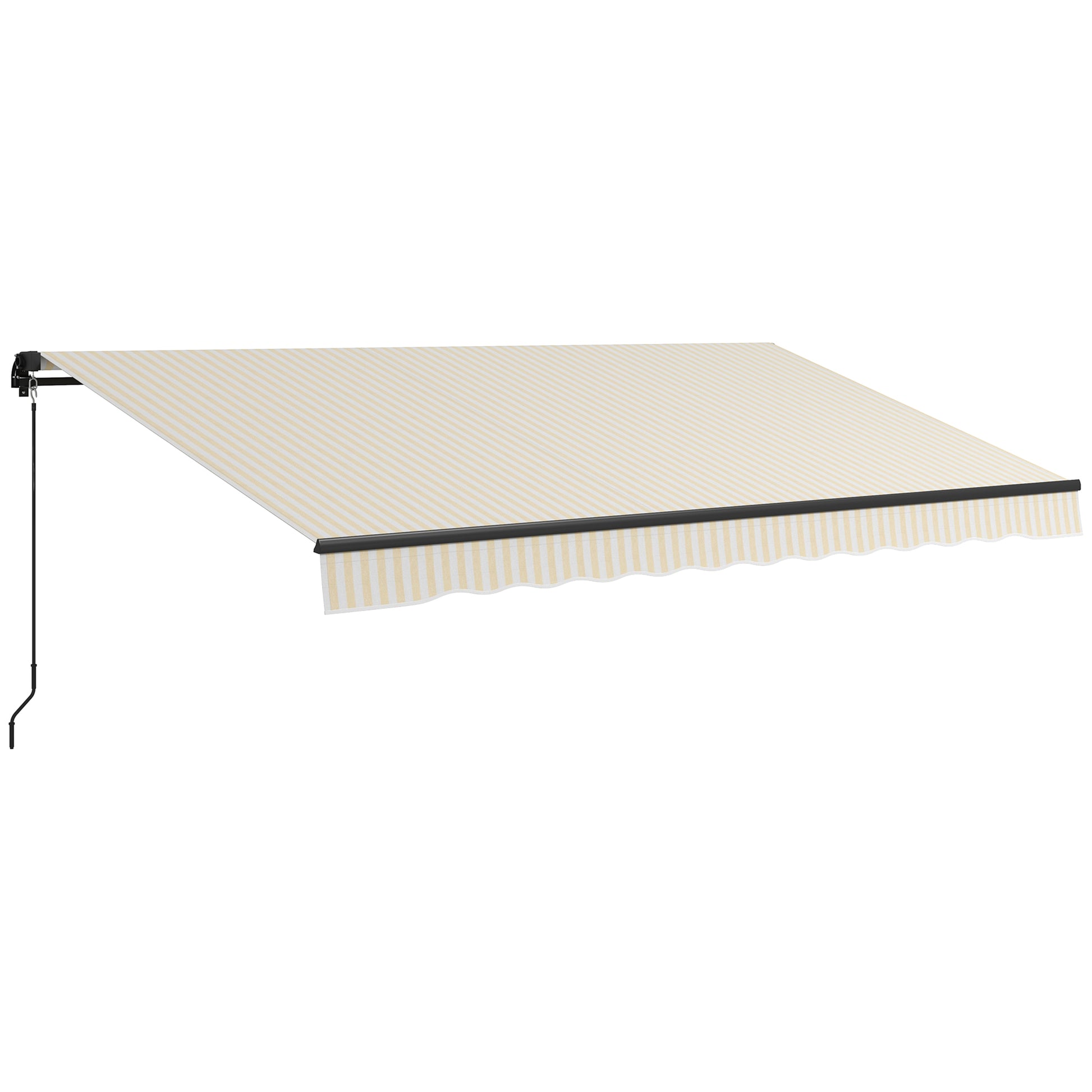 Retractable awning with beige and white stripes and a crank mechanism