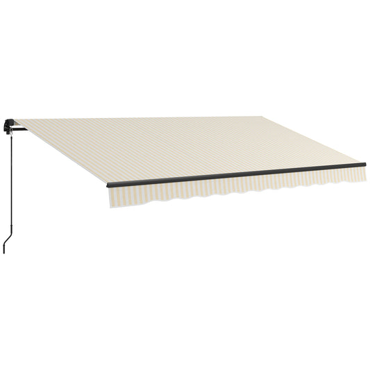 Retractable awning with beige and white stripes and a crank mechanism