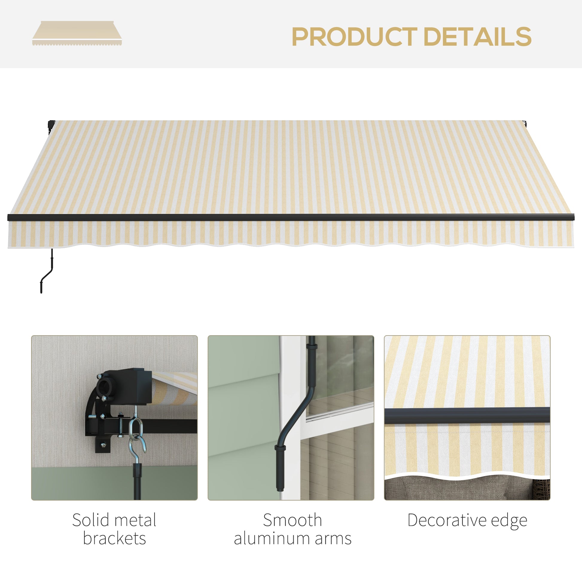 Beige and white striped retractable awning with scalloped decorative edge