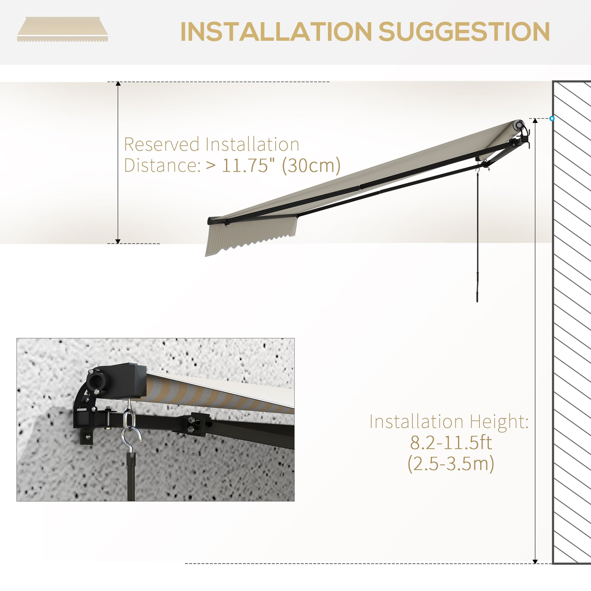 Beige striped retractable awning with black metal frame ideal for patios