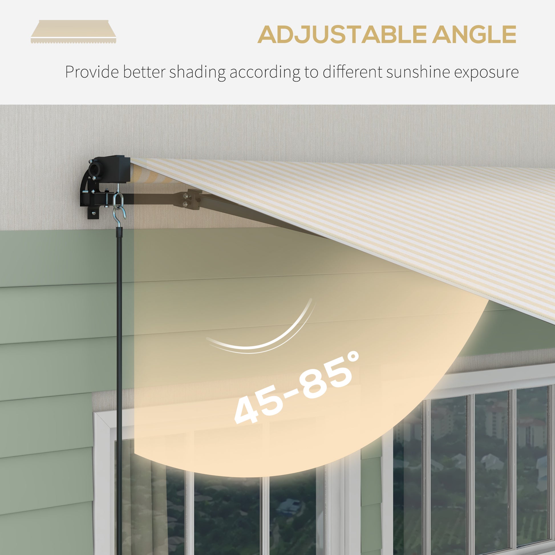 Beige striped retractable awning with adjustable angle  degrees for patio shade