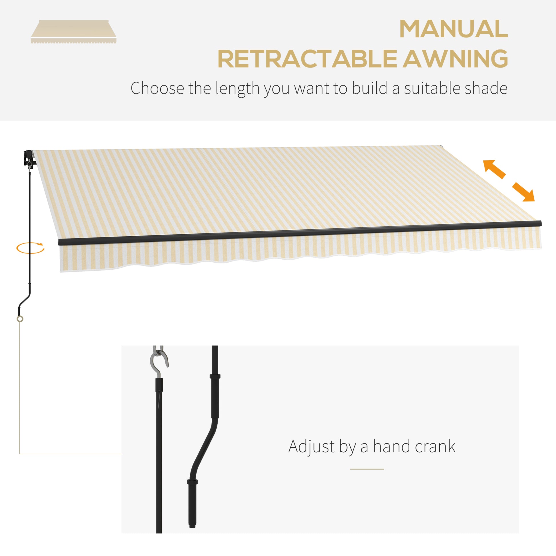 Beige and white striped manual retractable awning extended with a black crank mechanism visible
