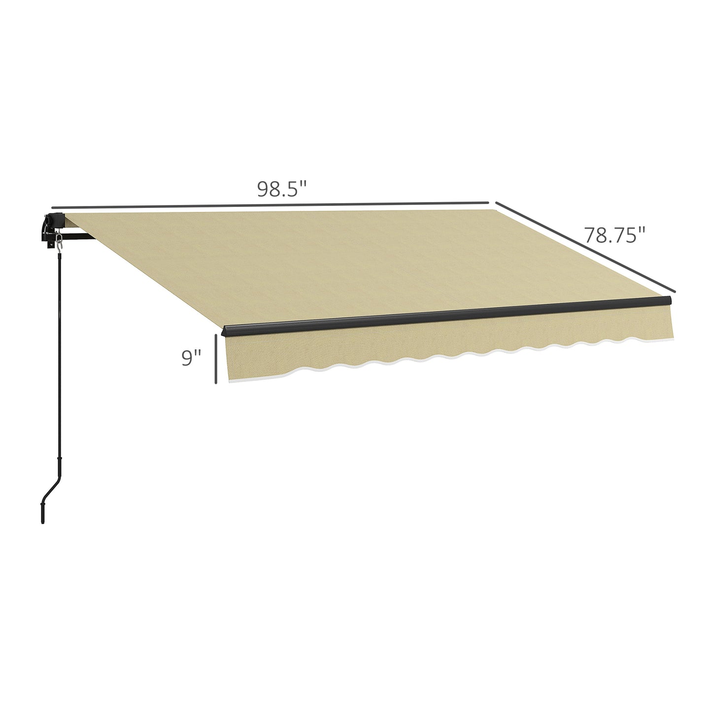 Tan manual retractable awning with scalloped edge  wide