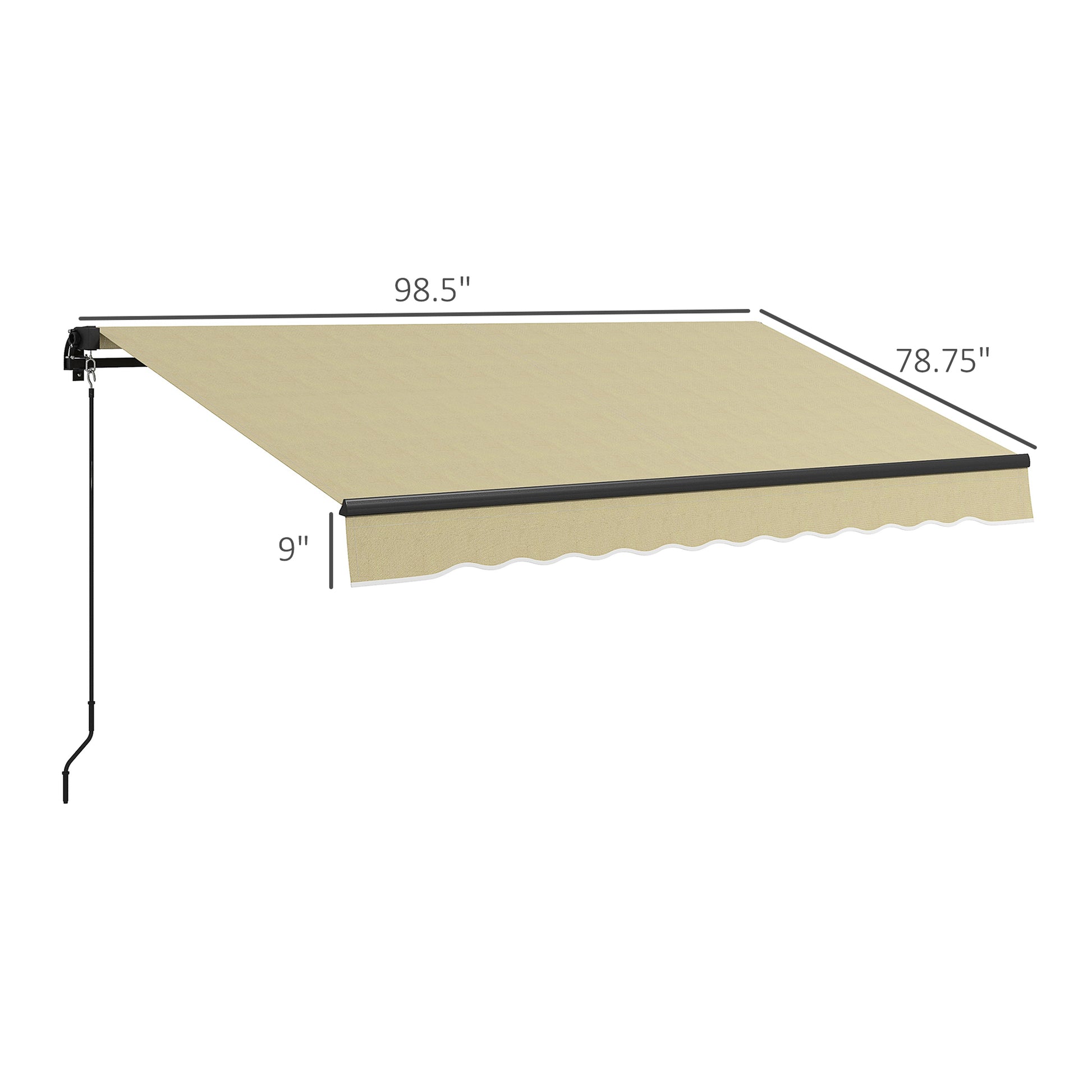 Tan manual retractable awning with scalloped edge  wide