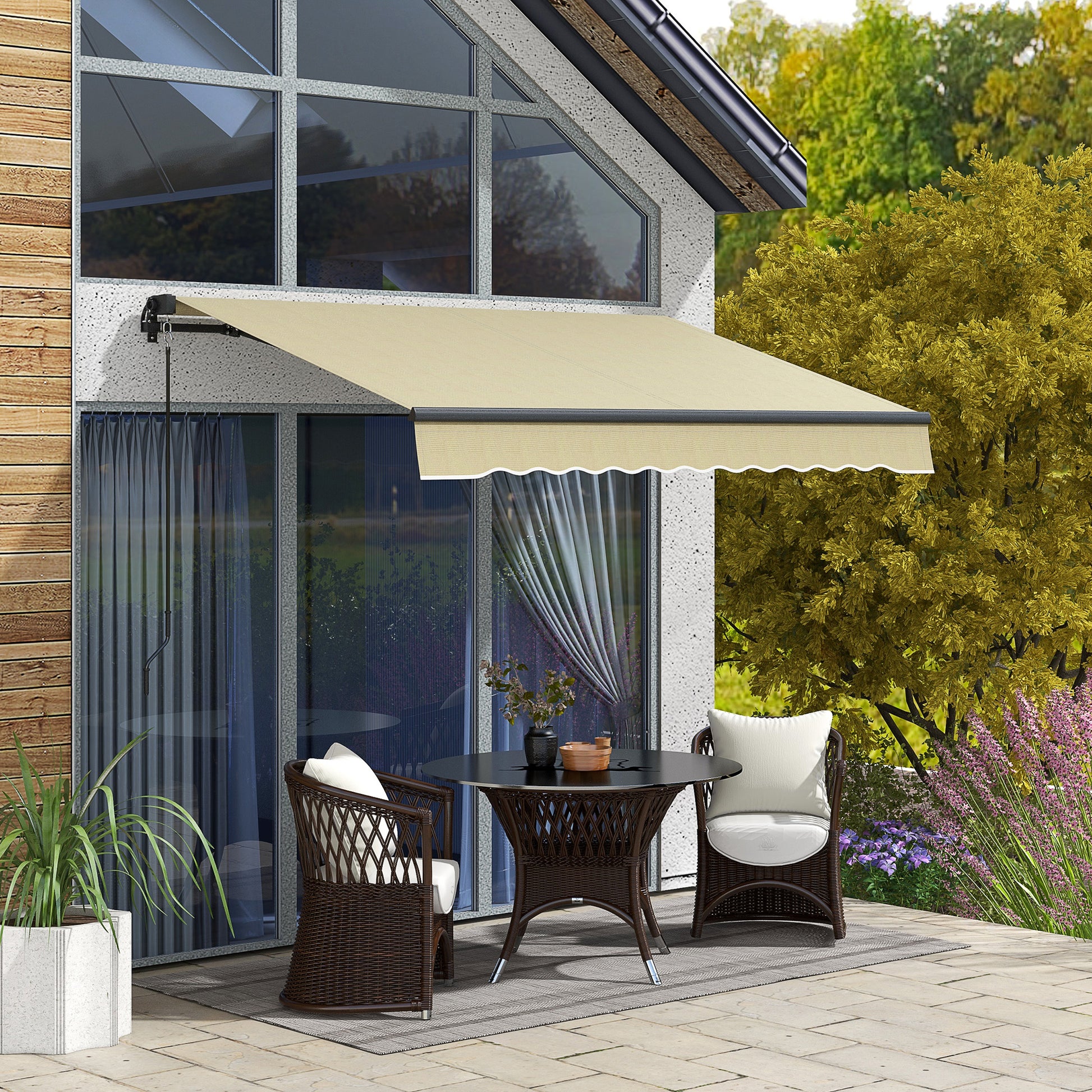 Beige retractable patio awning extended over outdoor dining set