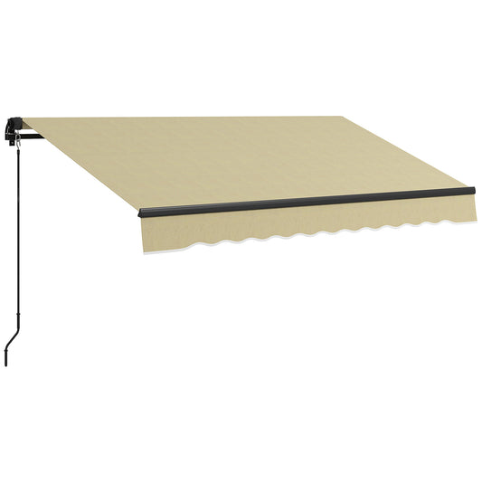 Beige retractable patio awning with black hardware and scalloped valance ideal for outdoor shade