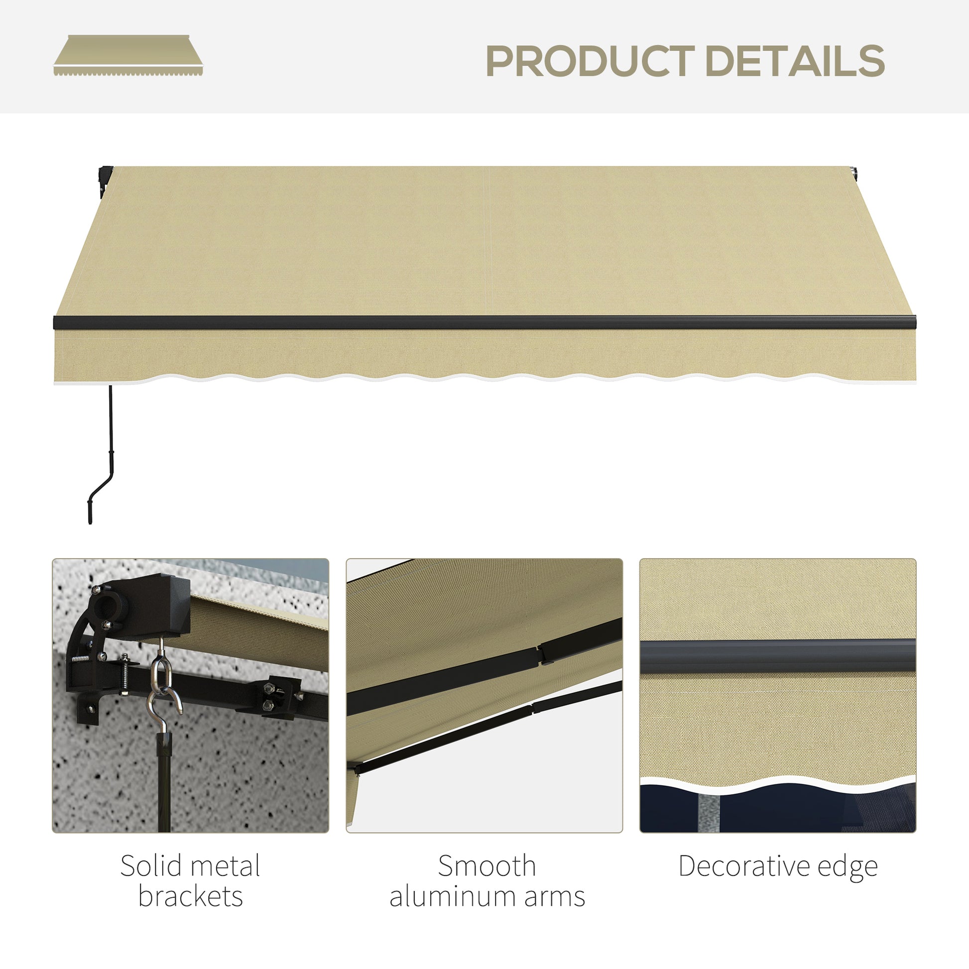 Beige retractable awning with black trim and wavy decorative edge