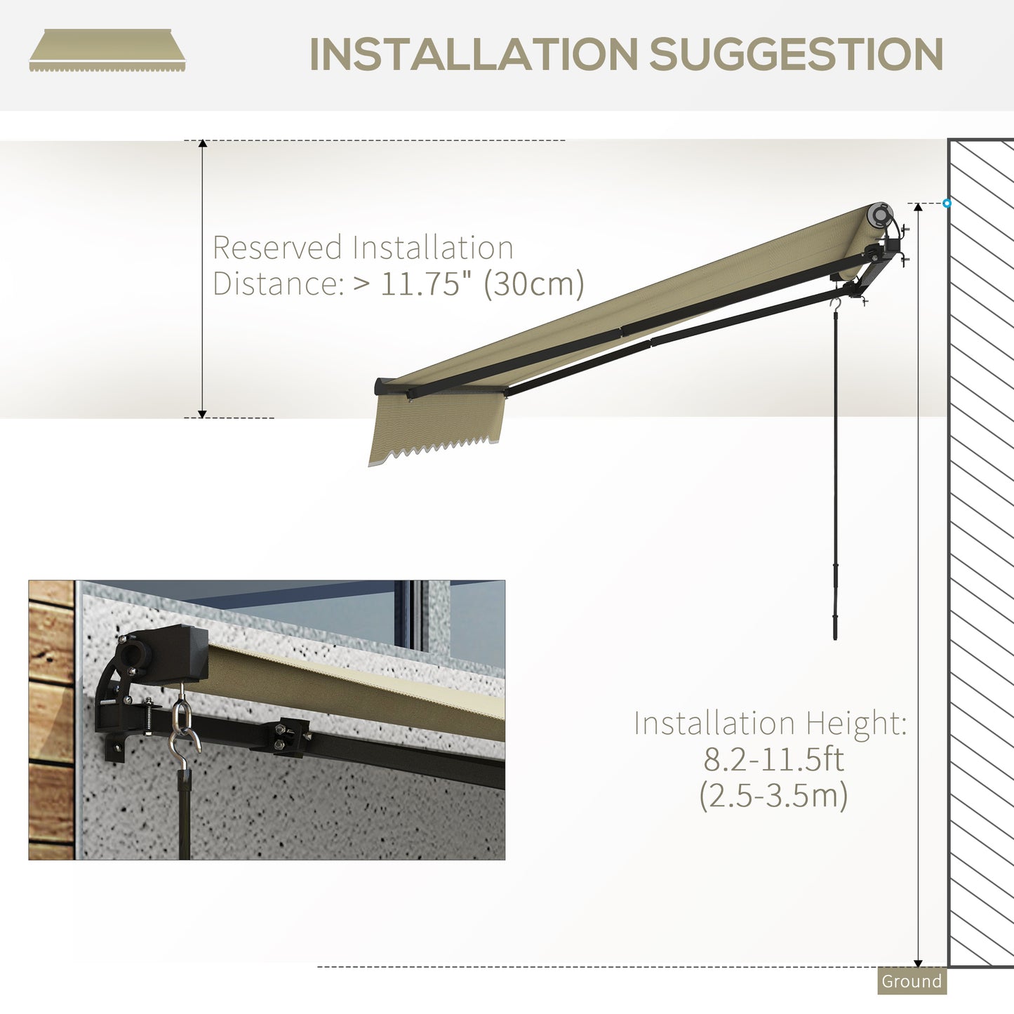 Outdoor retractable awning with beige fabric and black frame shown installed on a wall