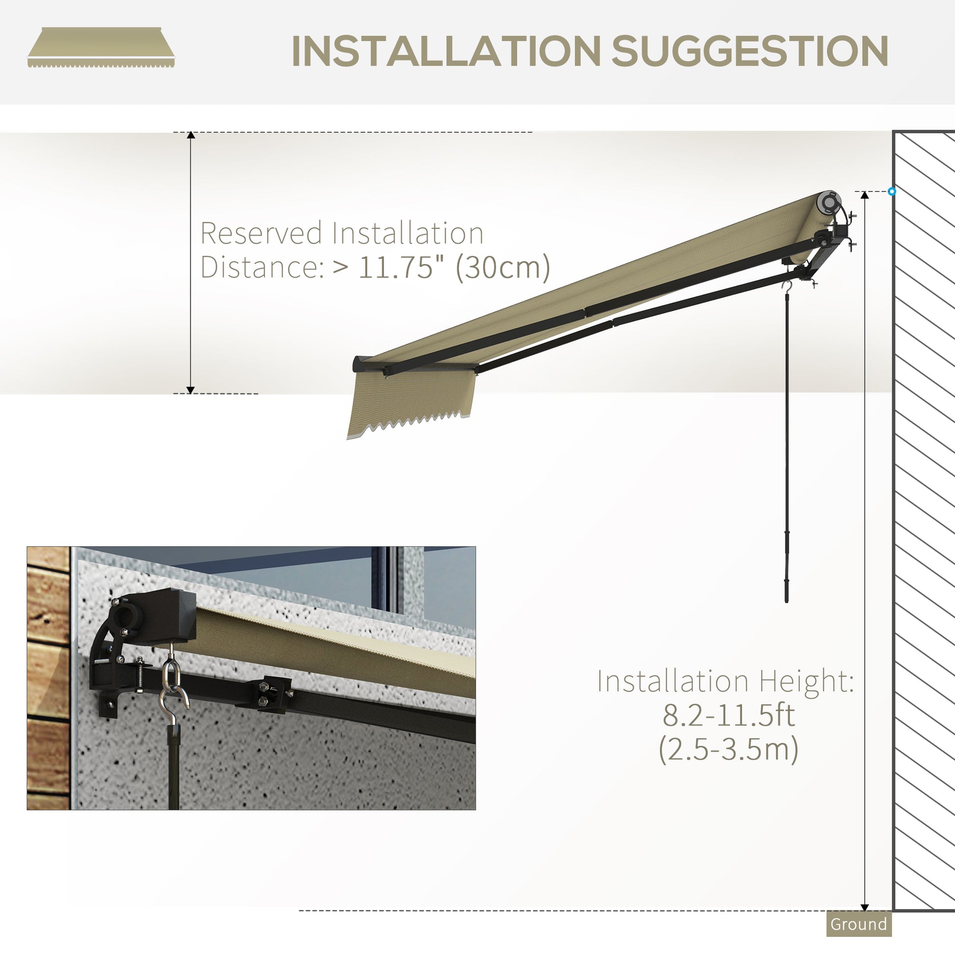 Outdoor retractable awning with beige fabric and black frame shown installed on a wall