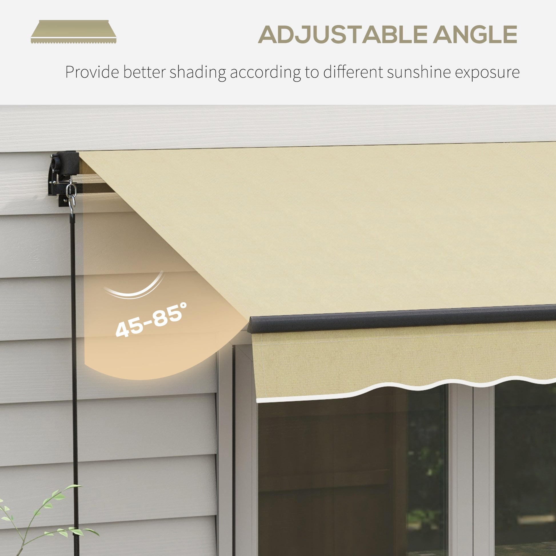 Tan retractable awning with adjustable angle from  degrees