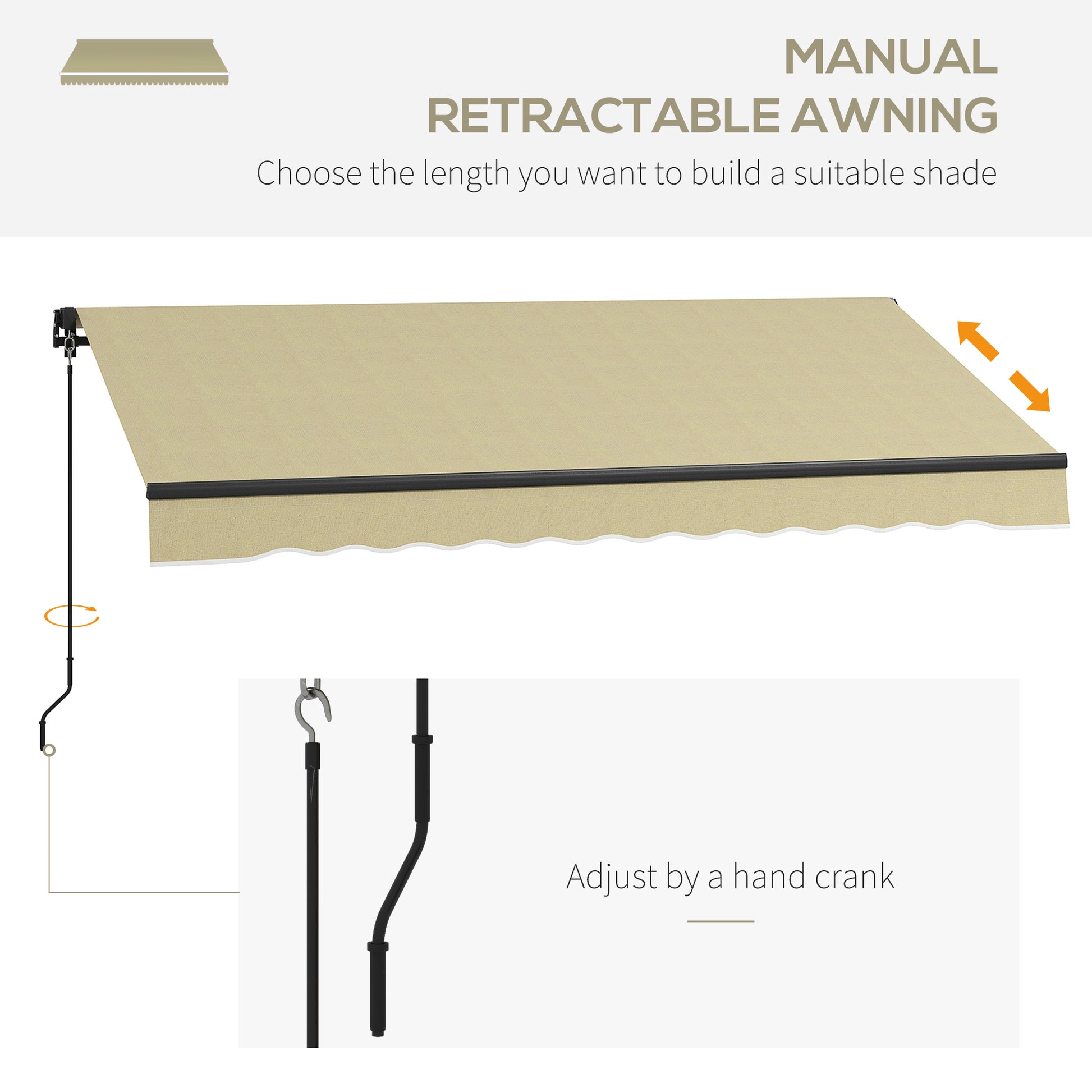 Manual retractable awning in beige fabric with scalloped edge and black trim extends for shade