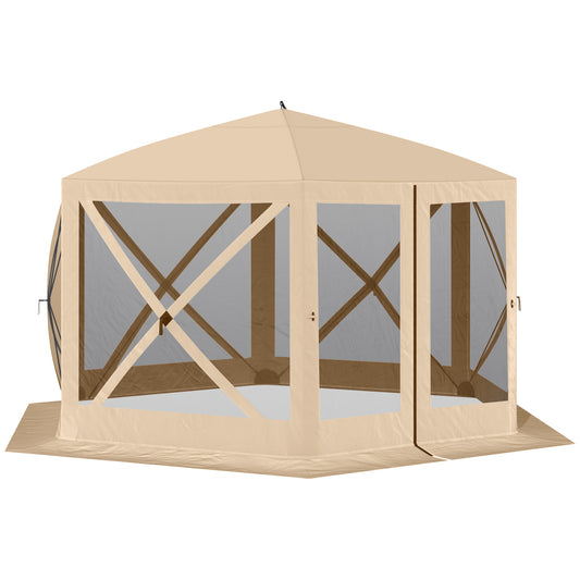 Beige hexagonal popup canopy tent with mesh screens and zippered door for outdoor events