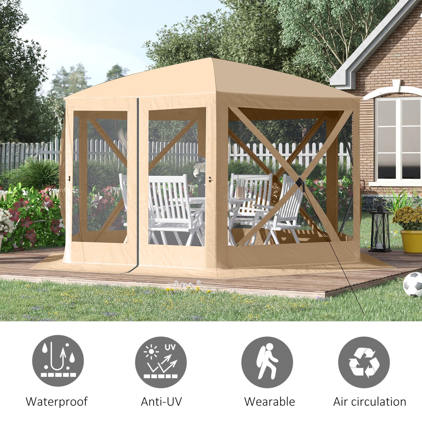 Beige outdoor canopy tent with zippered mesh walls and white patio furniture