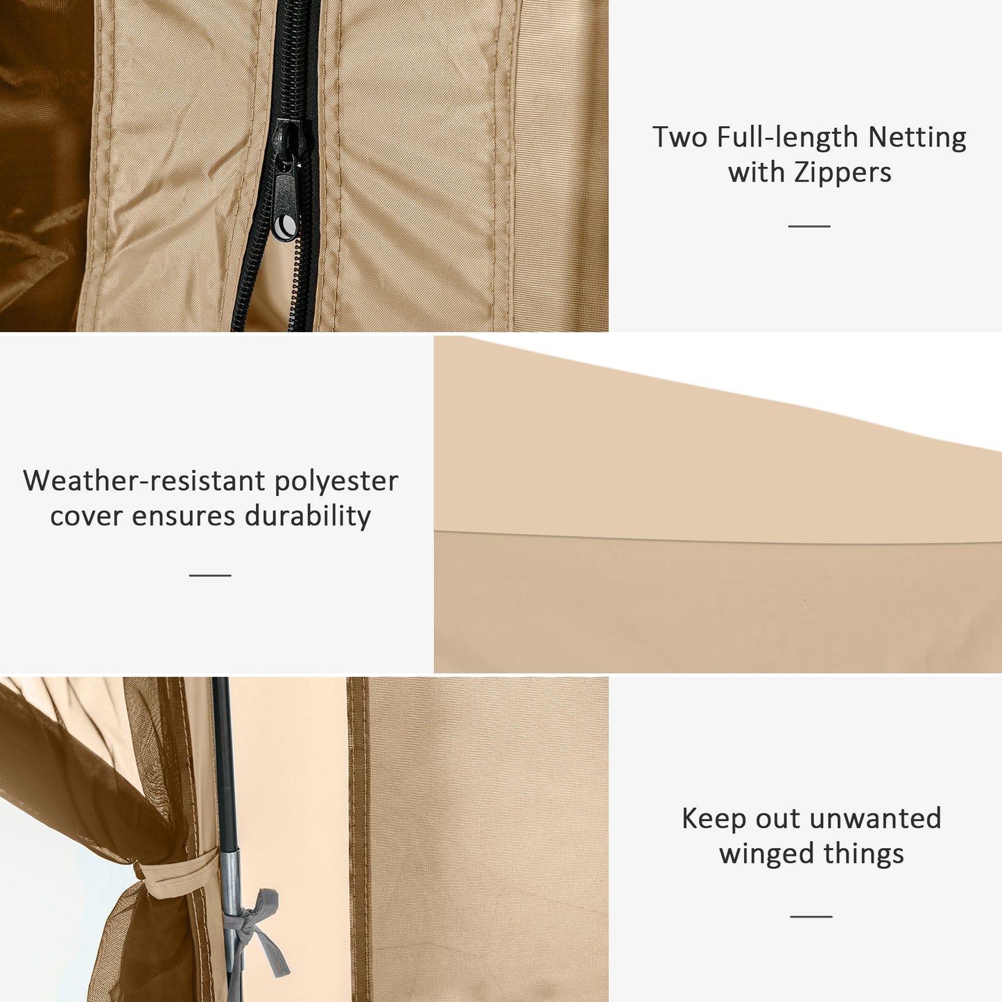 Tan canopy tent fabric with heavyduty black zipper detail