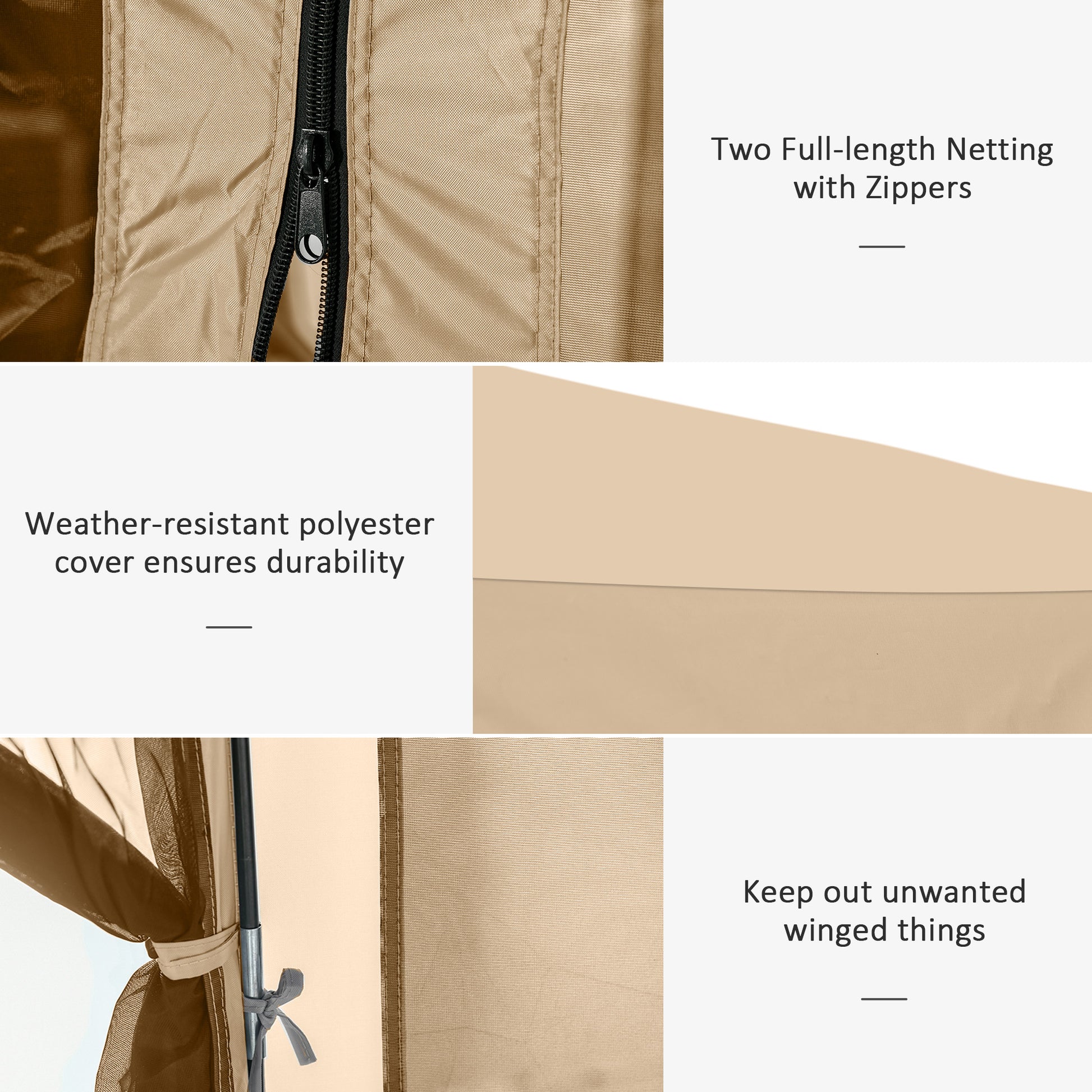 Tan canopy tent fabric with heavyduty black zipper detail