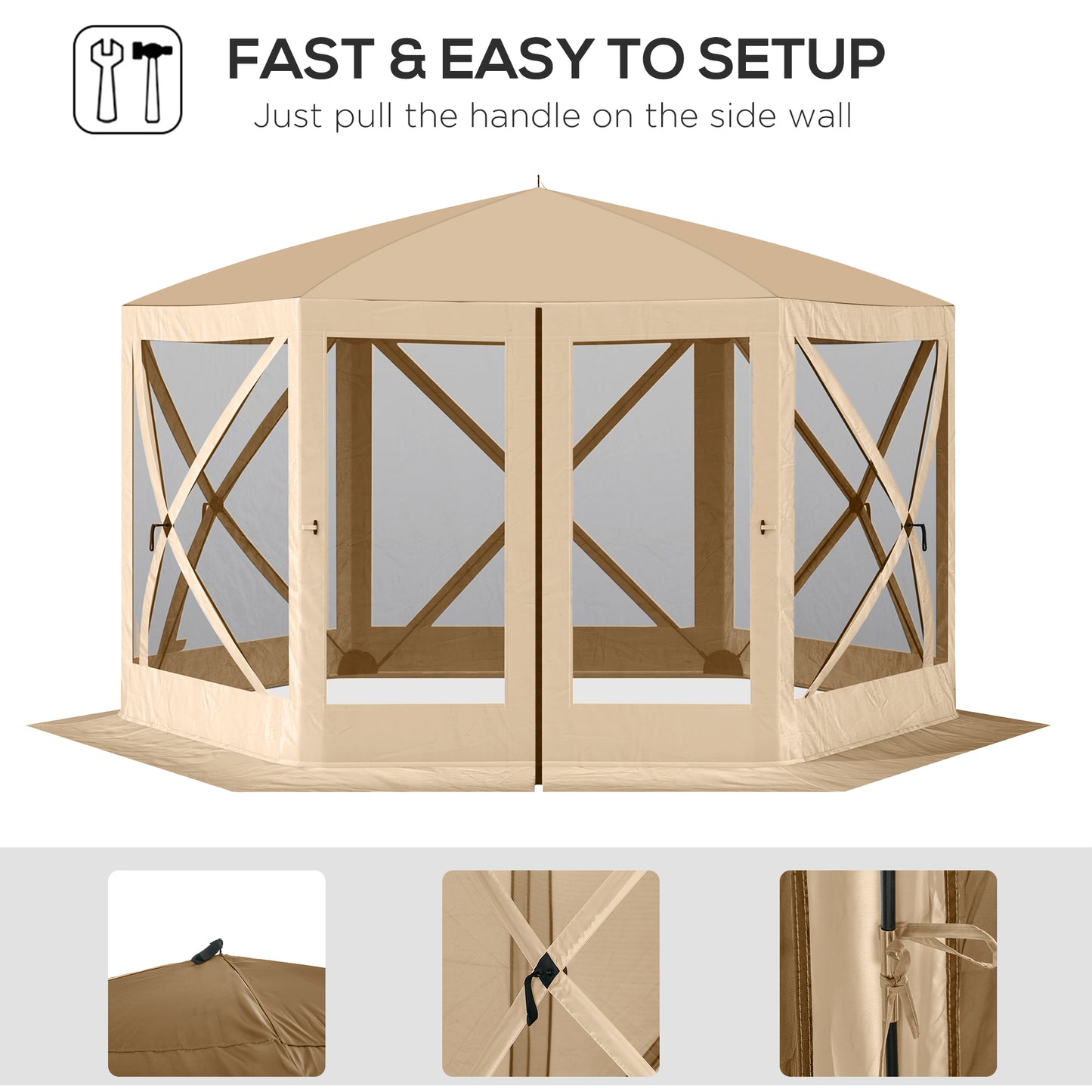 Tan popup canopy tent with mesh windows and two zippered doors for outdoor events