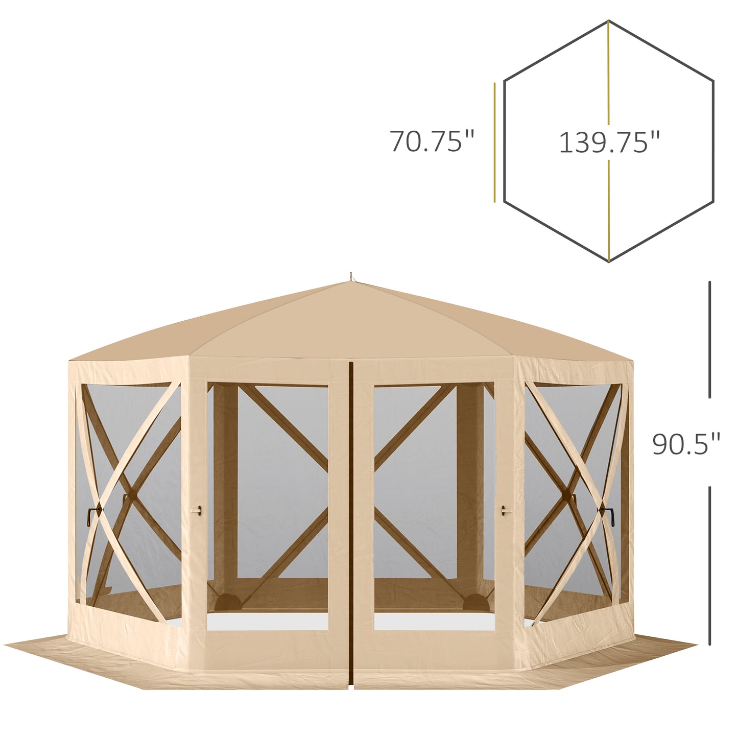 Beige hexagonal gazebo with mesh screens double doors and  height for outdoor events