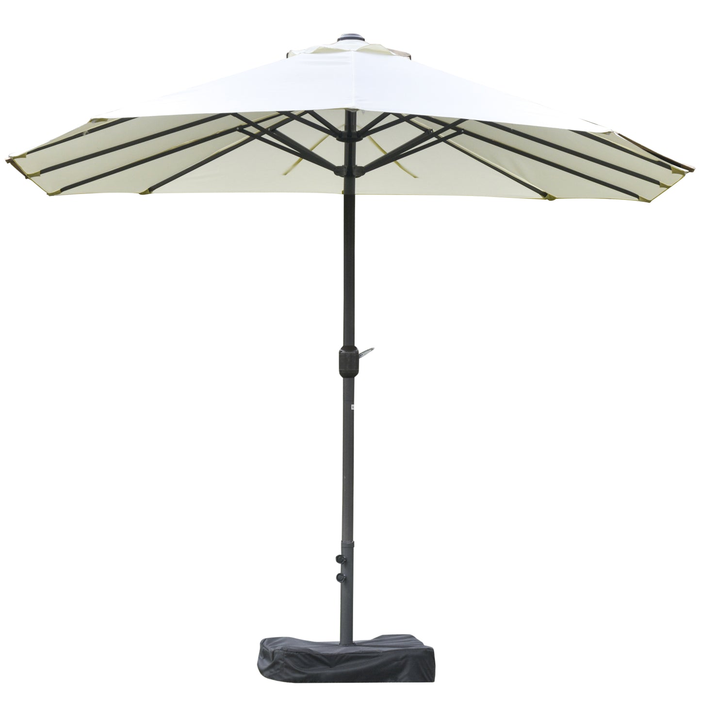 White patio umbrella with black frame and base for outdoor shade