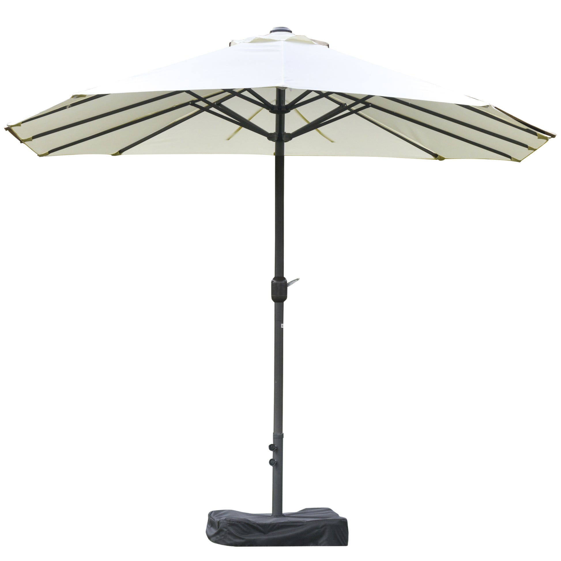 White patio umbrella with black frame and base for outdoor shade