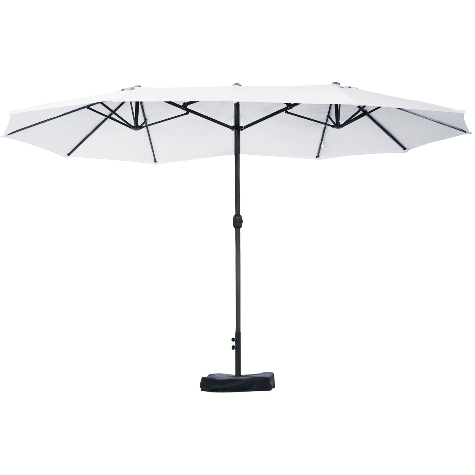 White double patio umbrella with black frame and base perfect for outdoor gatherings