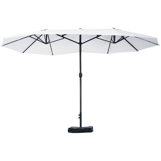 White double patio umbrella with black frame and base perfect for outdoor gatherings